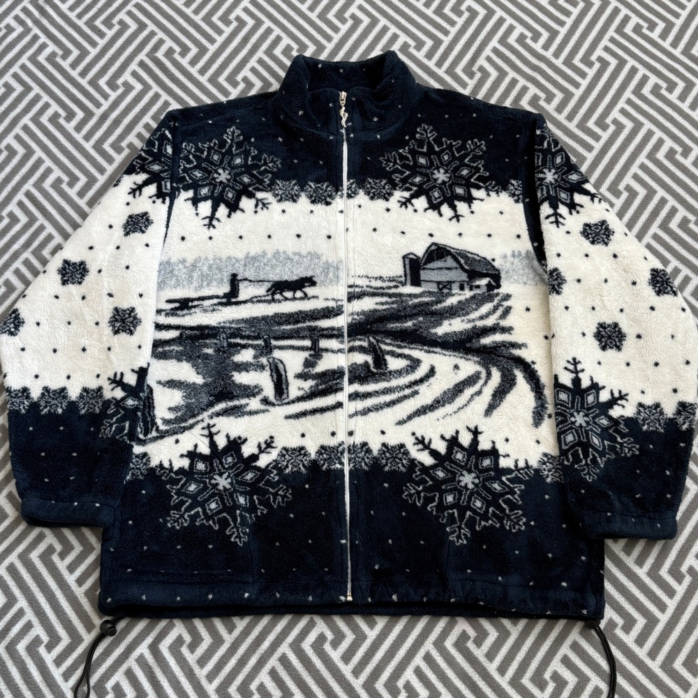 Vintage‎ 90s Art Unlimited Fleece Jacket Winter Snow Full Zip Navy Blue Large
